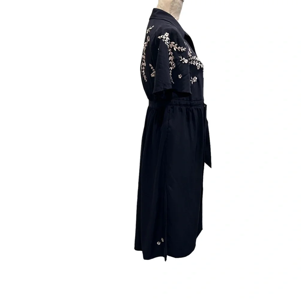 Cinq a Sept Silk Button Blue Dress Embroidered Floral Rose Pink Pockets Small 4 - Picture 5 of 16